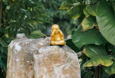 A small golden Buddha statue rests peacefully on a large rock amidst lush green foliage, symbolizing serenity.